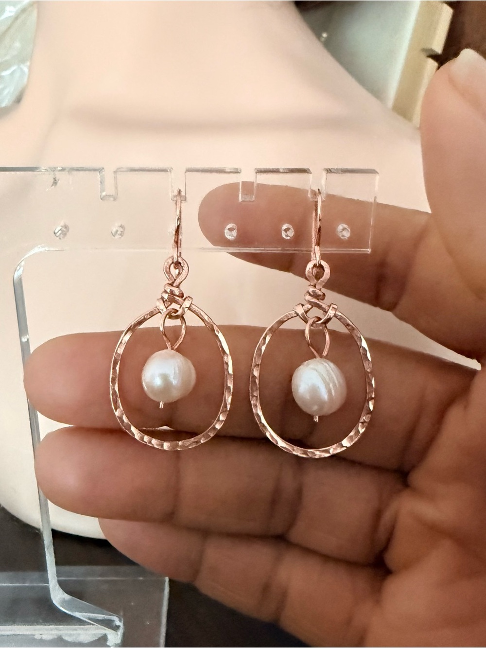 Handmade Rose Gold Textured Hoop Earrings with Pearl Drop Accent